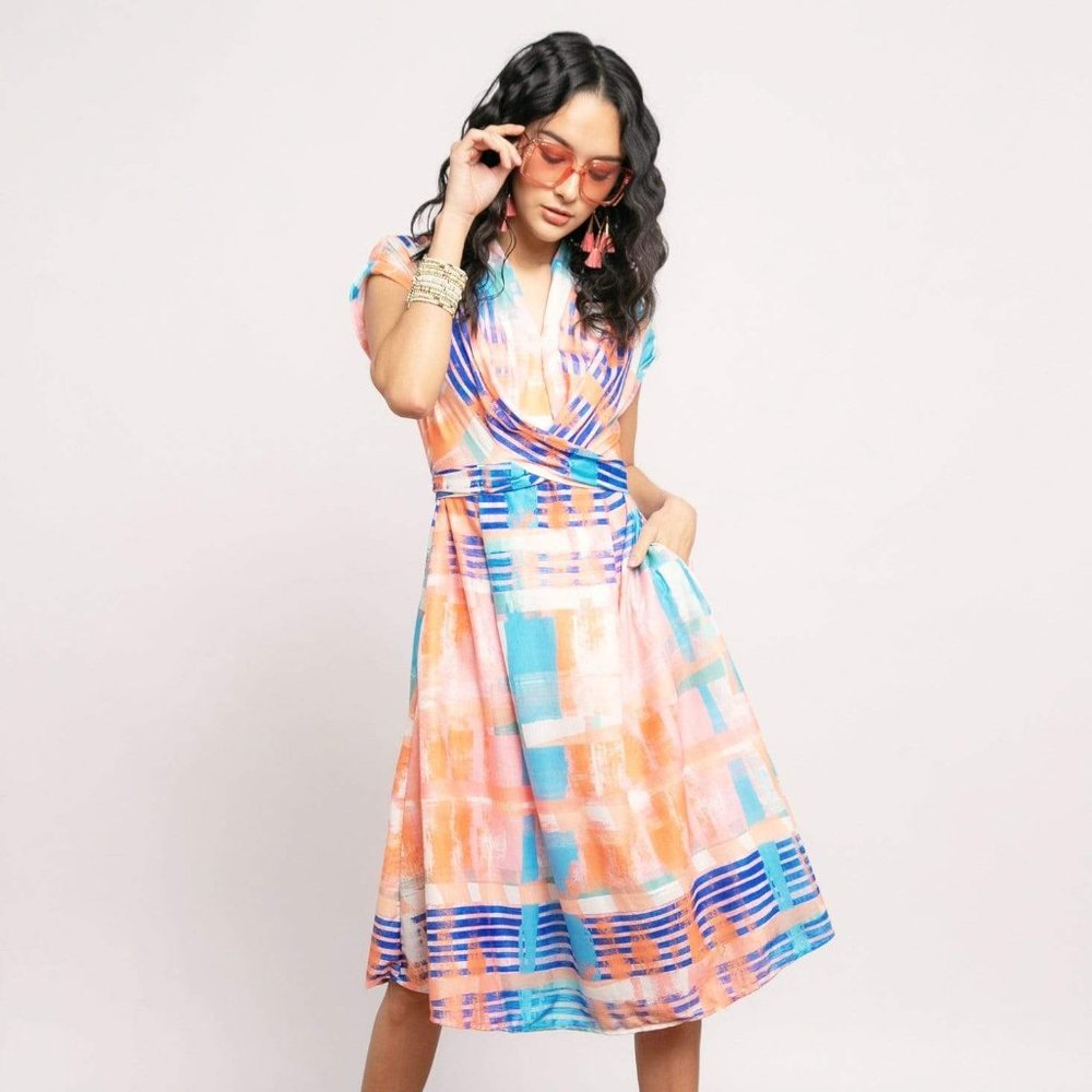 Eva Franco Poppy Wrap Knit Summer Dress Multi Color Plaid - Picture 4 of 6